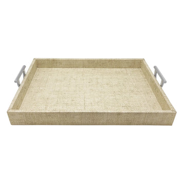 SAND FAUX GRASS CLOTH TRAY WITH METAL HANDLES - MAK & CO