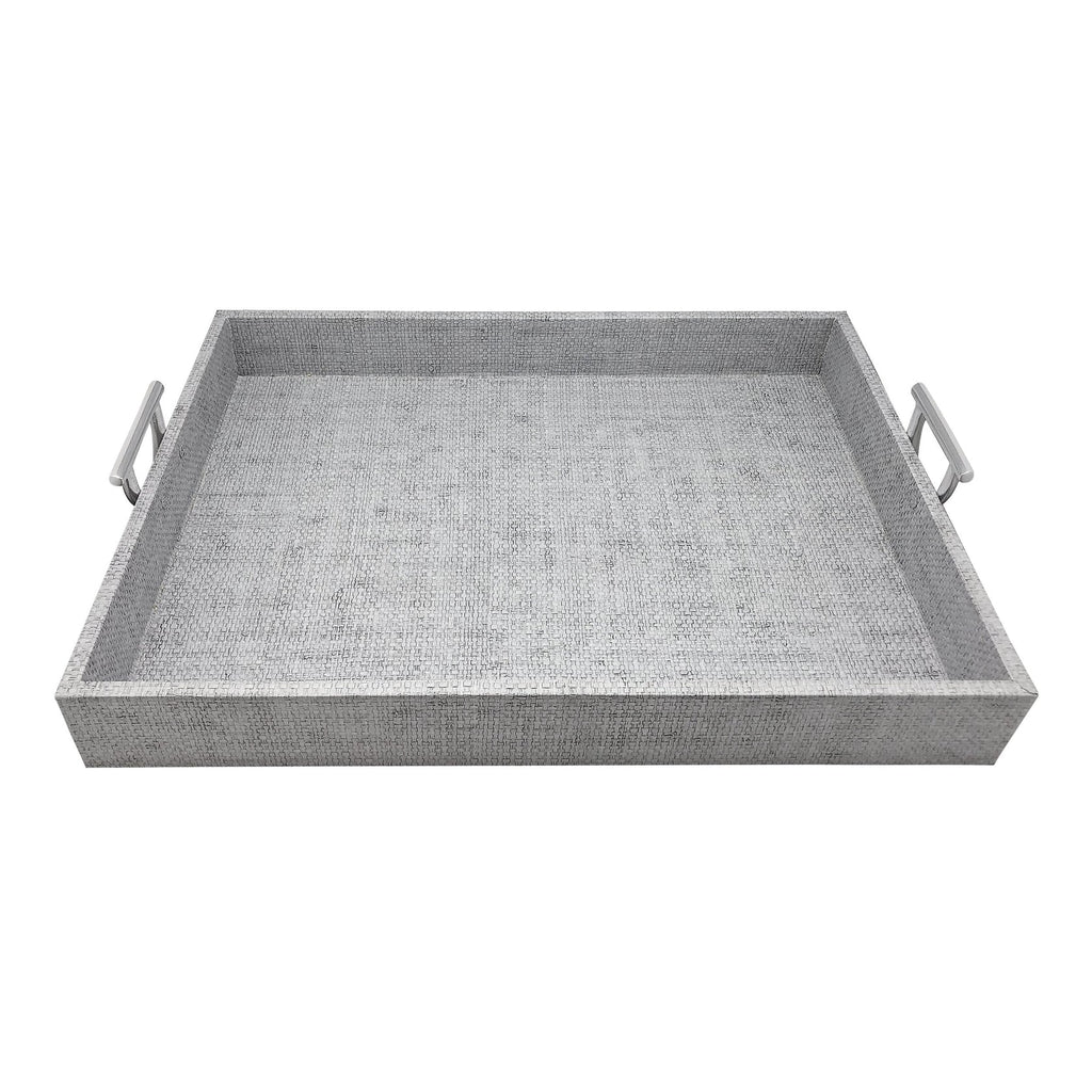 PALE GRAY FAUX GRASS CLOTH TRAY WITH METAL HANDLES - MAK & CO